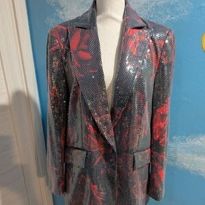 C. Wonder Red and Gray Sequin Floral Blazer by Christian Siriano
